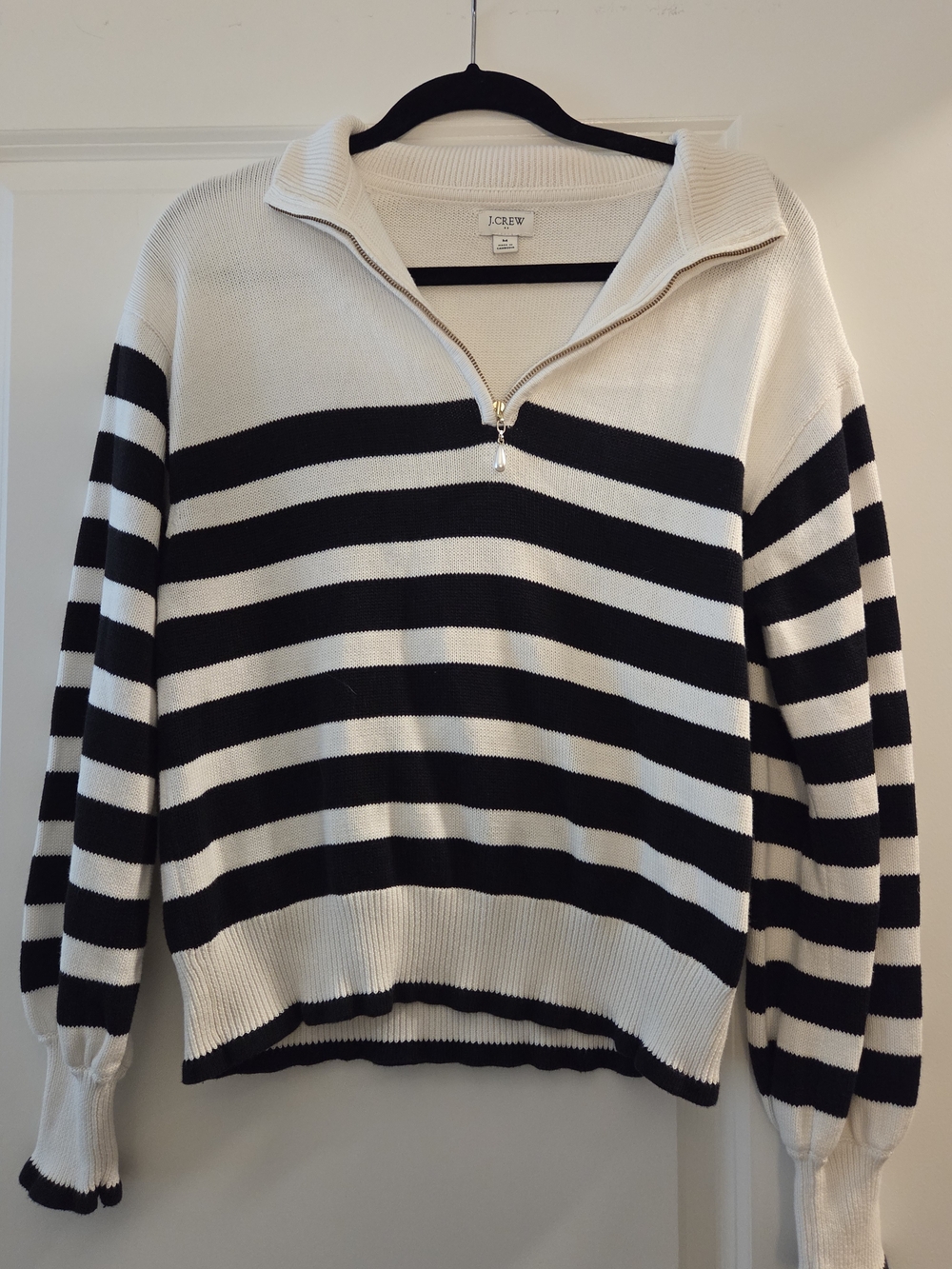 J. Crew Black and White Striped Half-Zip Turtleneck Sweater
